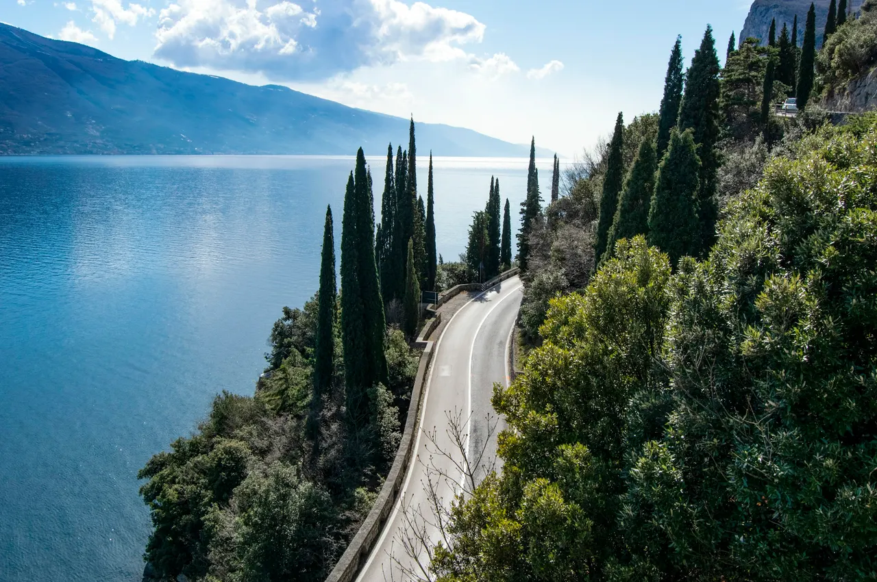 Uferstraße mit Zypressen am Gardasee